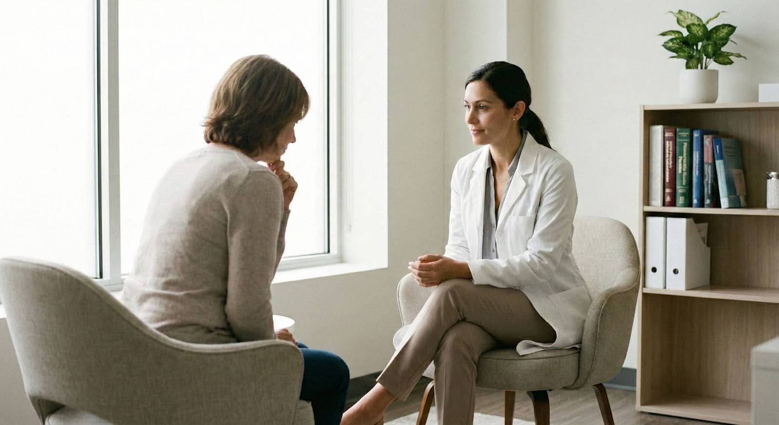 Doctora escucha a paciente de blefaroplastia con empatía