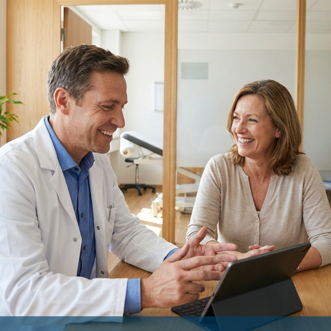 Cirujano bariátrico explicando el procedimiento de reducción de estómago a una paciente durante la consulta en Clínica Cíplex