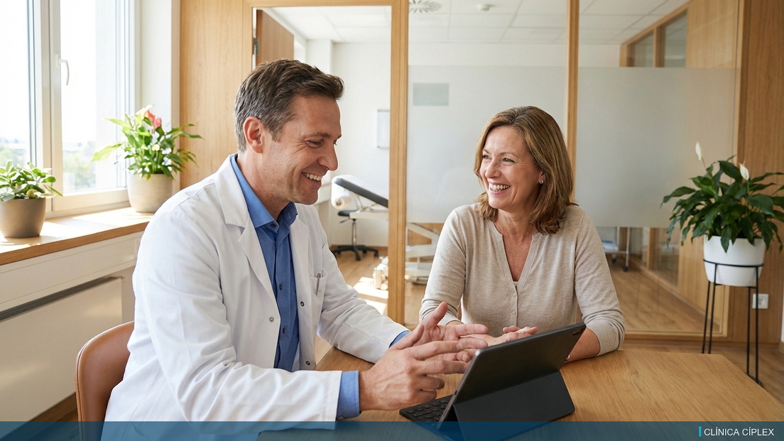 Cirujano bariátrico explicando el procedimiento de reducción de estómago a una paciente durante la consulta en Clínica Cíplex