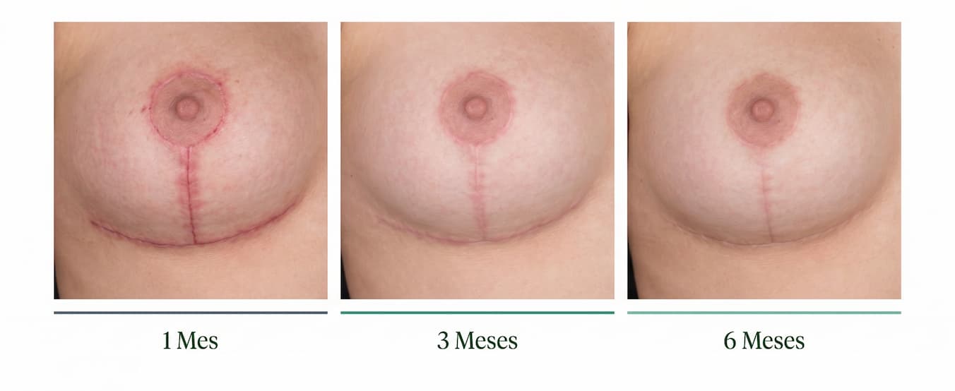 Evolución de la cicatriz en ancla (T invertida) de mastopexia al mes, 3 meses y 6 meses