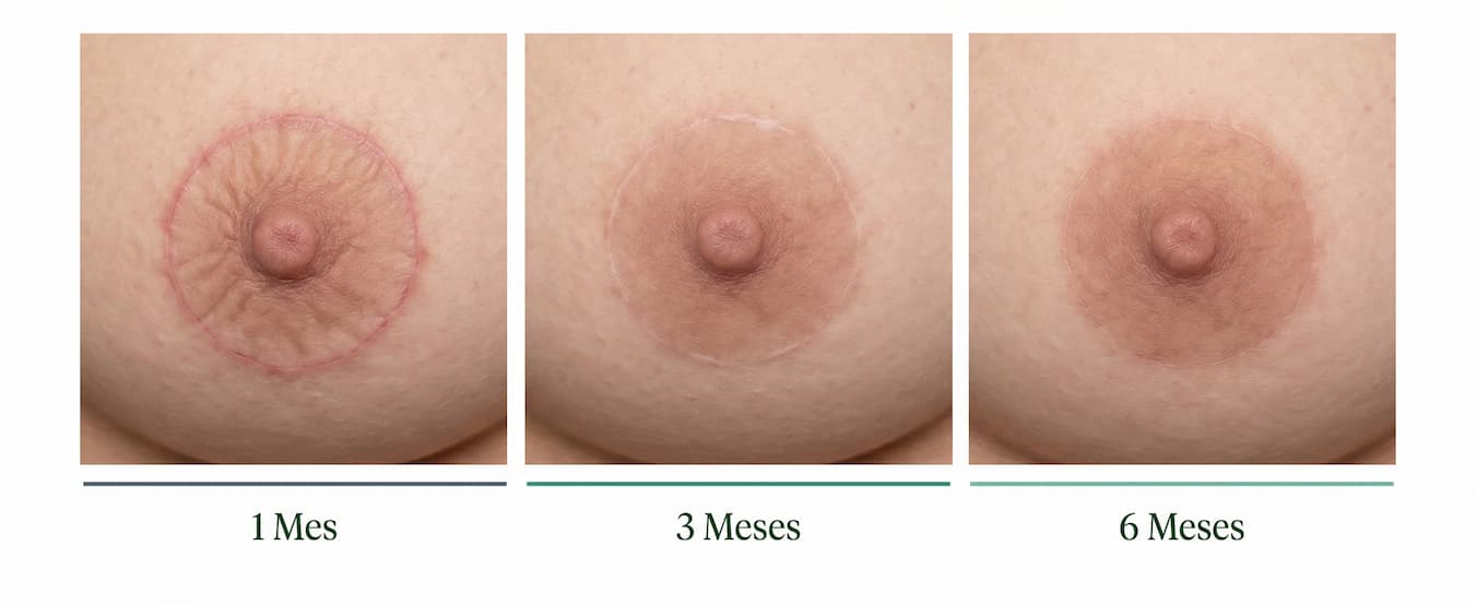 Evolución de la cicatriz periareolar de mastopexia al mes, 3 meses y 6 meses