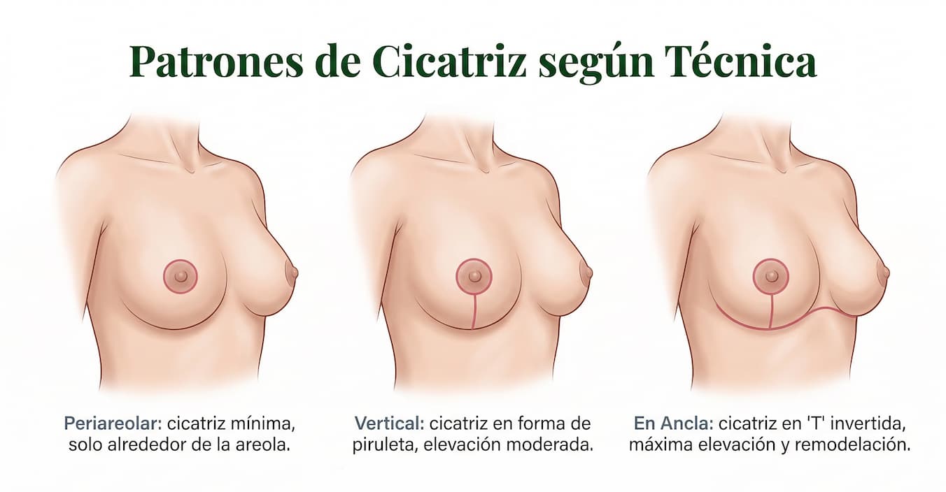 Comparativa de los tres tipos de cicatriz de mastopexia: periareolar, vertical (lollipop) y en ancla (T invertida)