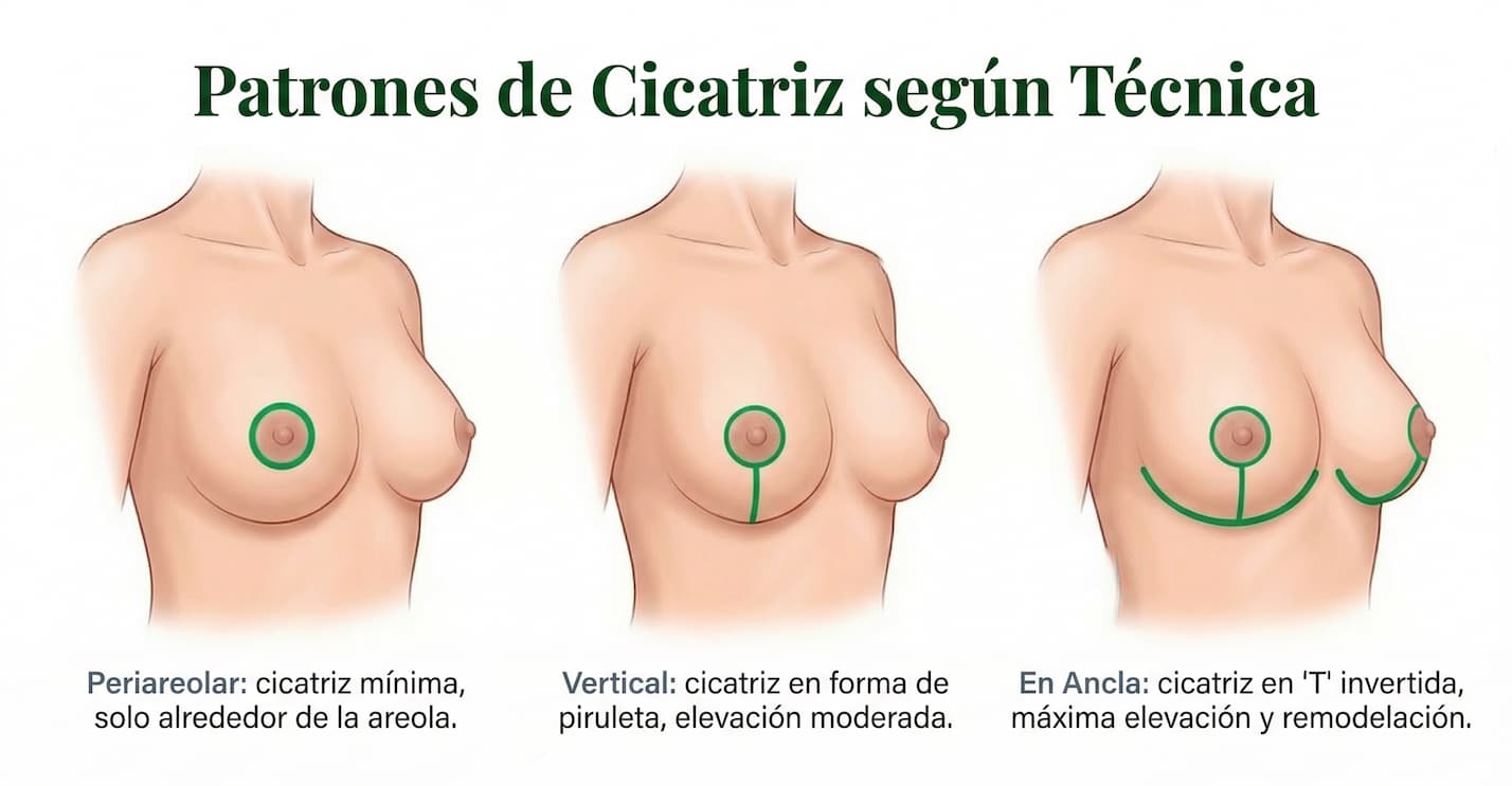 Comparativa de los tres tipos de cicatriz de mastopexia: periareolar, vertical (lollipop) y en ancla (T invertida)