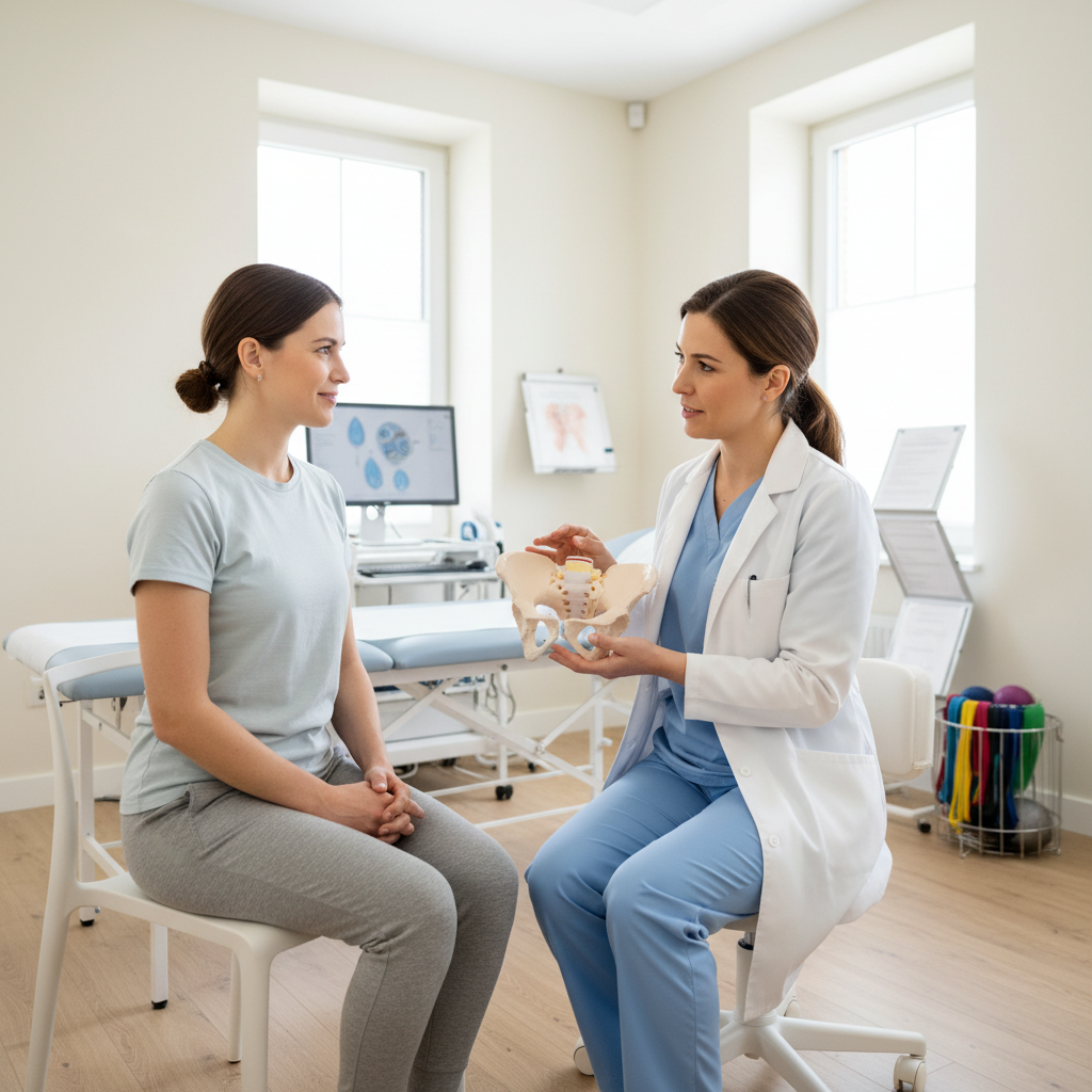 Fisioterapeuta explicando rehabilitación del suelo pélvico a paciente