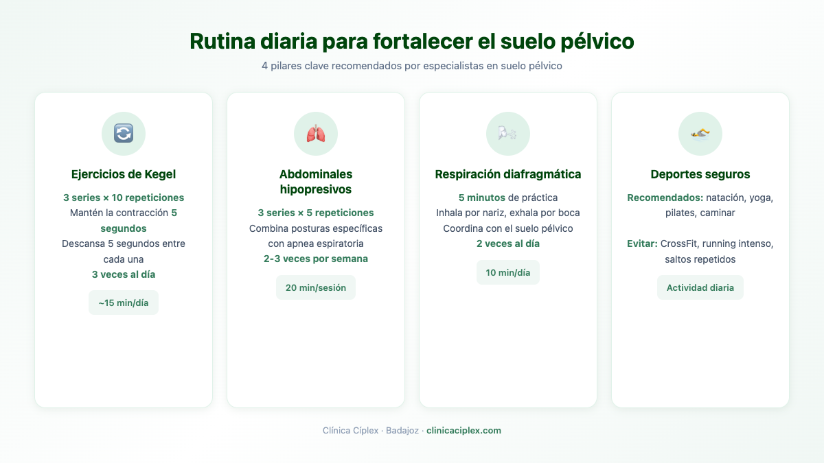 Infografía rutina diaria para fortalecer el suelo pélvico