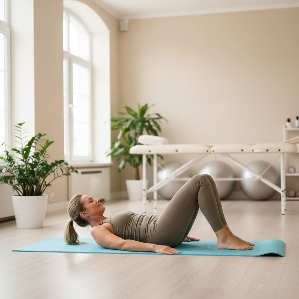 Mujer haciendo ejercicios de suelo pélvico en clínica de fisioterapia