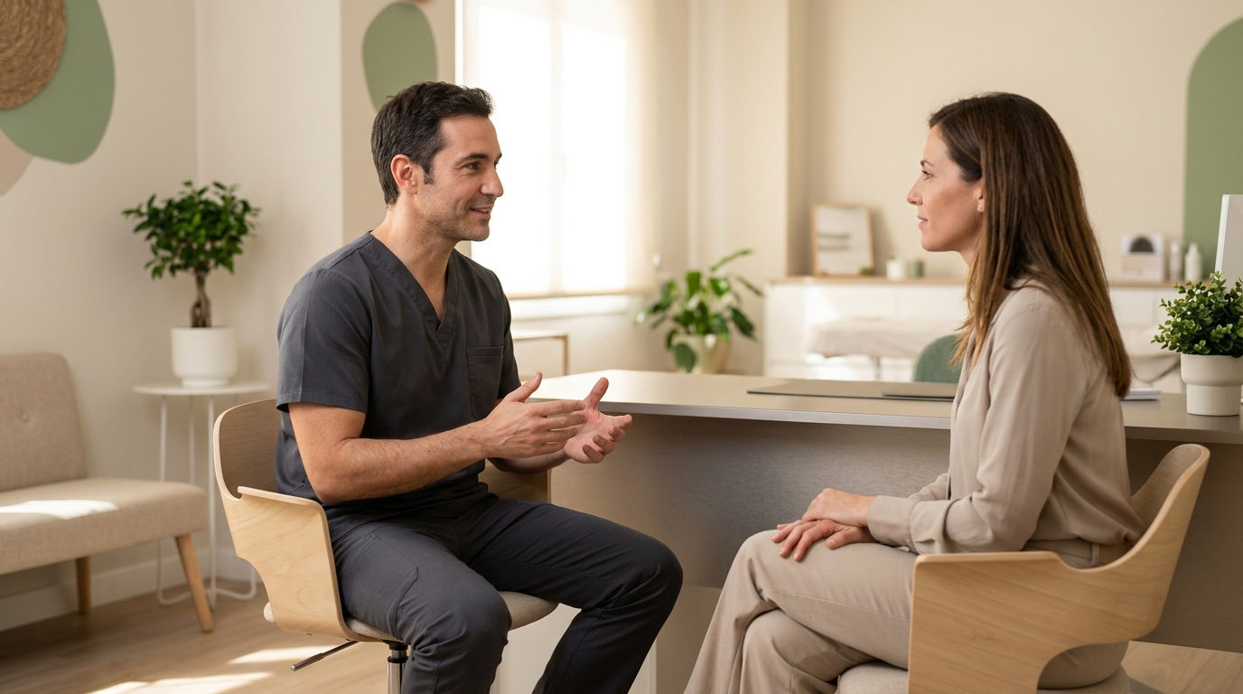 Especialista conversando con paciente sobre presoterapia