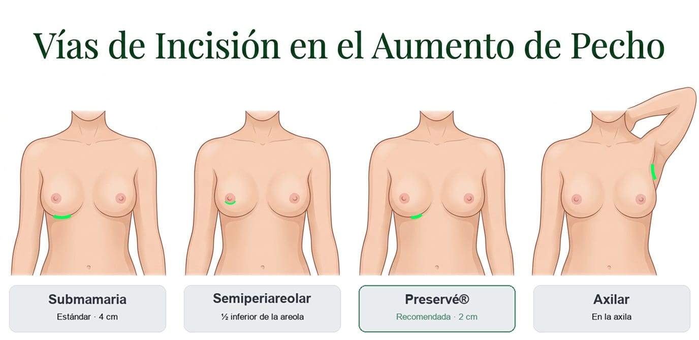 Las cuatro vías de incisión del aumento de pecho: submamaria (4 cm), semiperiareolar, Preservé® (2 cm) y axilar