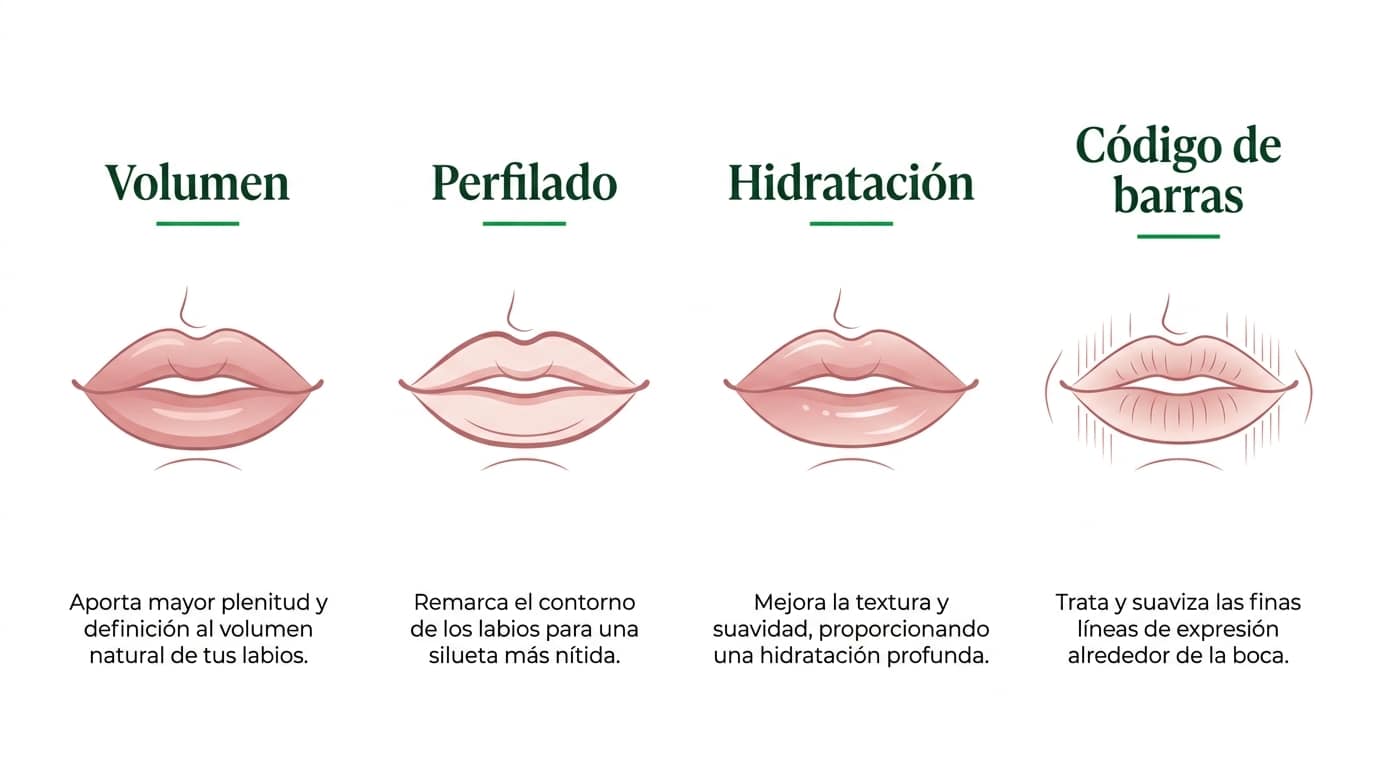 Indicaciones del aumento de labios: volumen, perfilado, hidratación y código de barras
