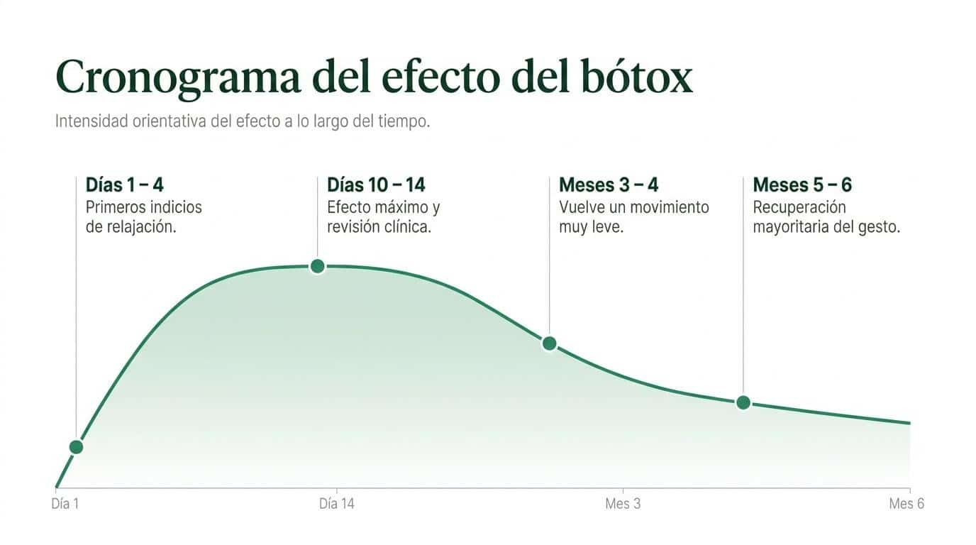 Gráfico de la intensidad del efecto del bótox desde el día 1 hasta el mes 6, con cuatro hitos señalados