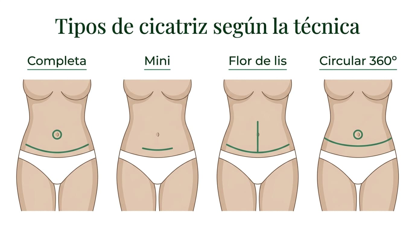 Tipos de cicatriz de abdominoplastia según la técnica: completa, miniabdominoplastia, flor de lis y circular (bodylifting 360)