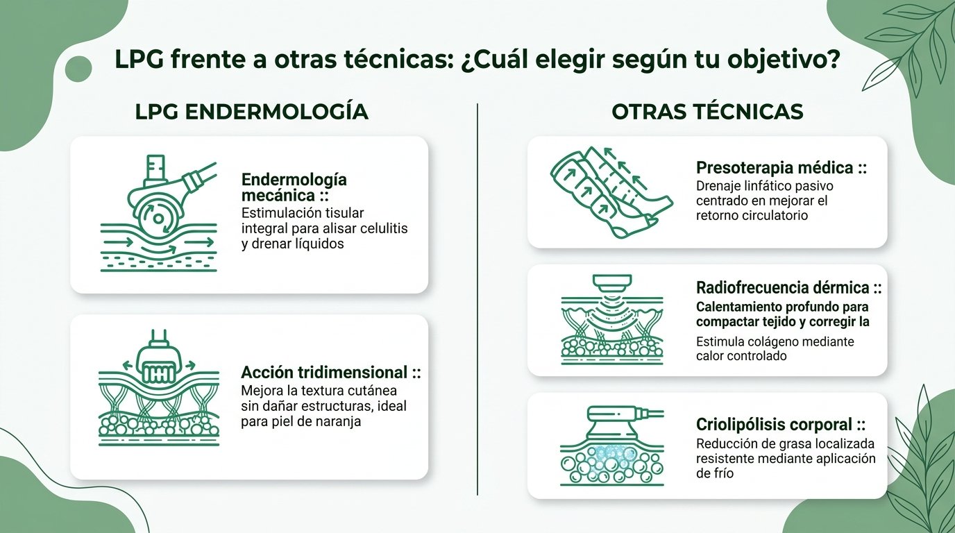 Infografía comparativa: LPG endermología frente a presoterapia, radiofrecuencia y criolipólisis