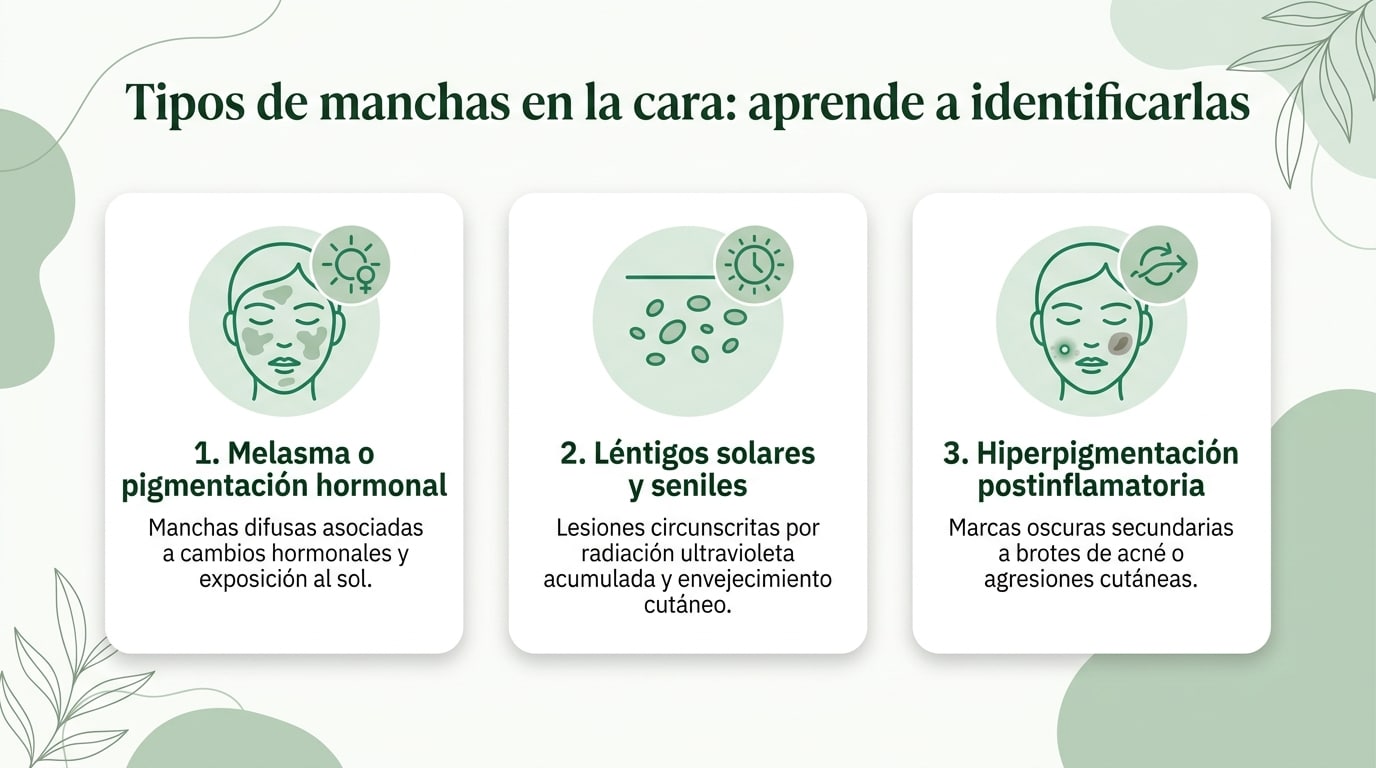 Infografía sobre los tipos de manchas en la cara: melasma, léntigos solares e hiperpigmentación postinflamatoria