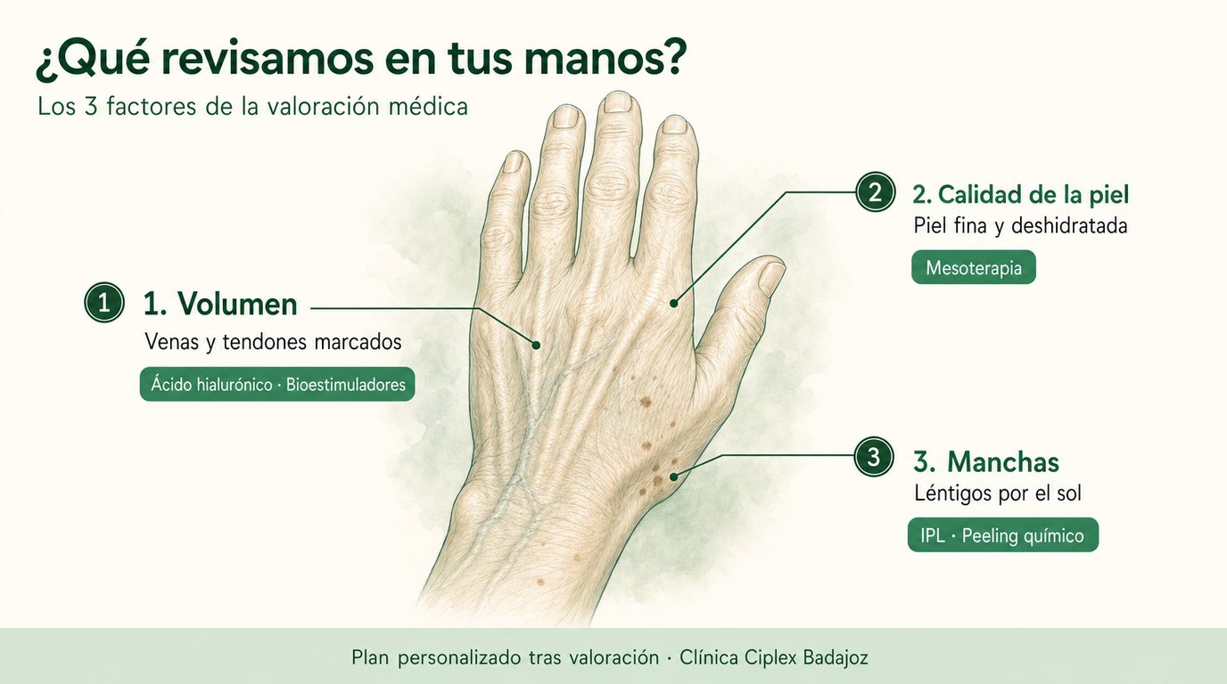 Infografía del dorso de una mano con los tres factores que se valoran en consulta (volumen, calidad de la piel y manchas) y los tratamientos que pueden plantearse para cada uno