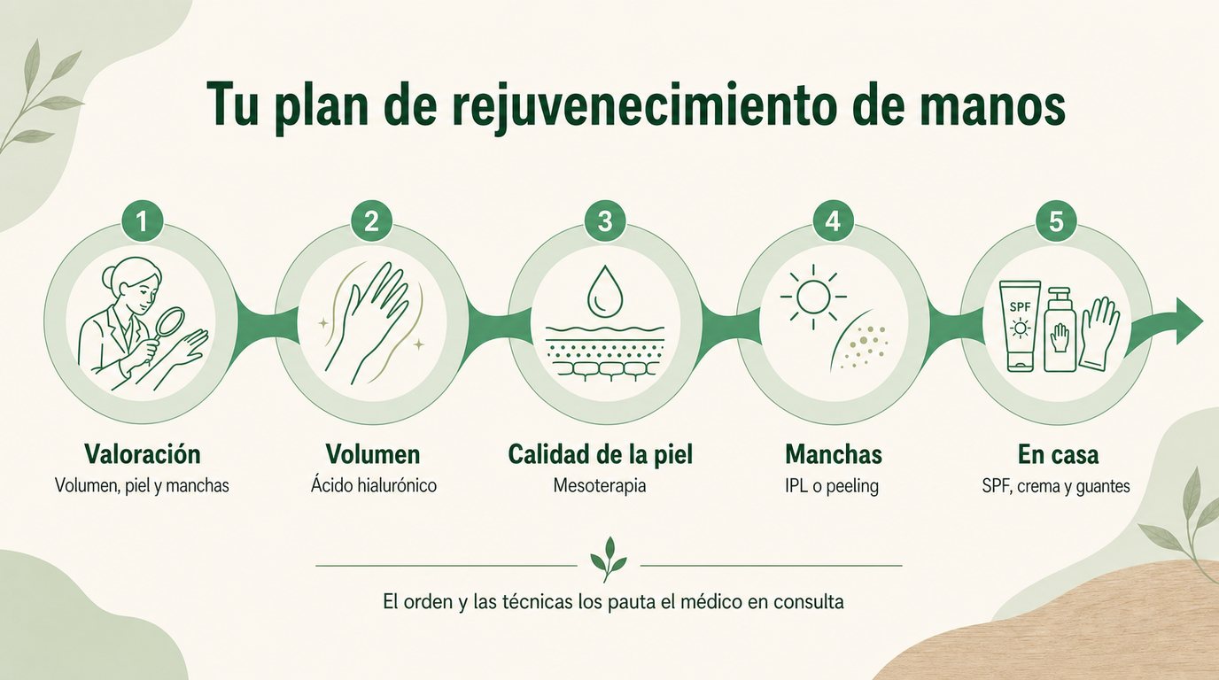 Infografía con las cinco fases de un plan de rejuvenecimiento de manos: valoración, volumen, calidad de la piel, manchas y cuidados en casa