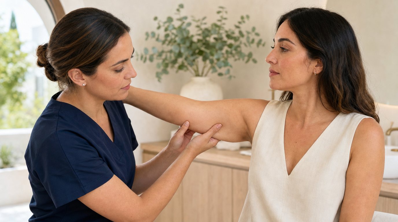 Médica con uniforme azul marino oscuro valora suavemente la flacidez del brazo de una paciente en una consulta luminosa.