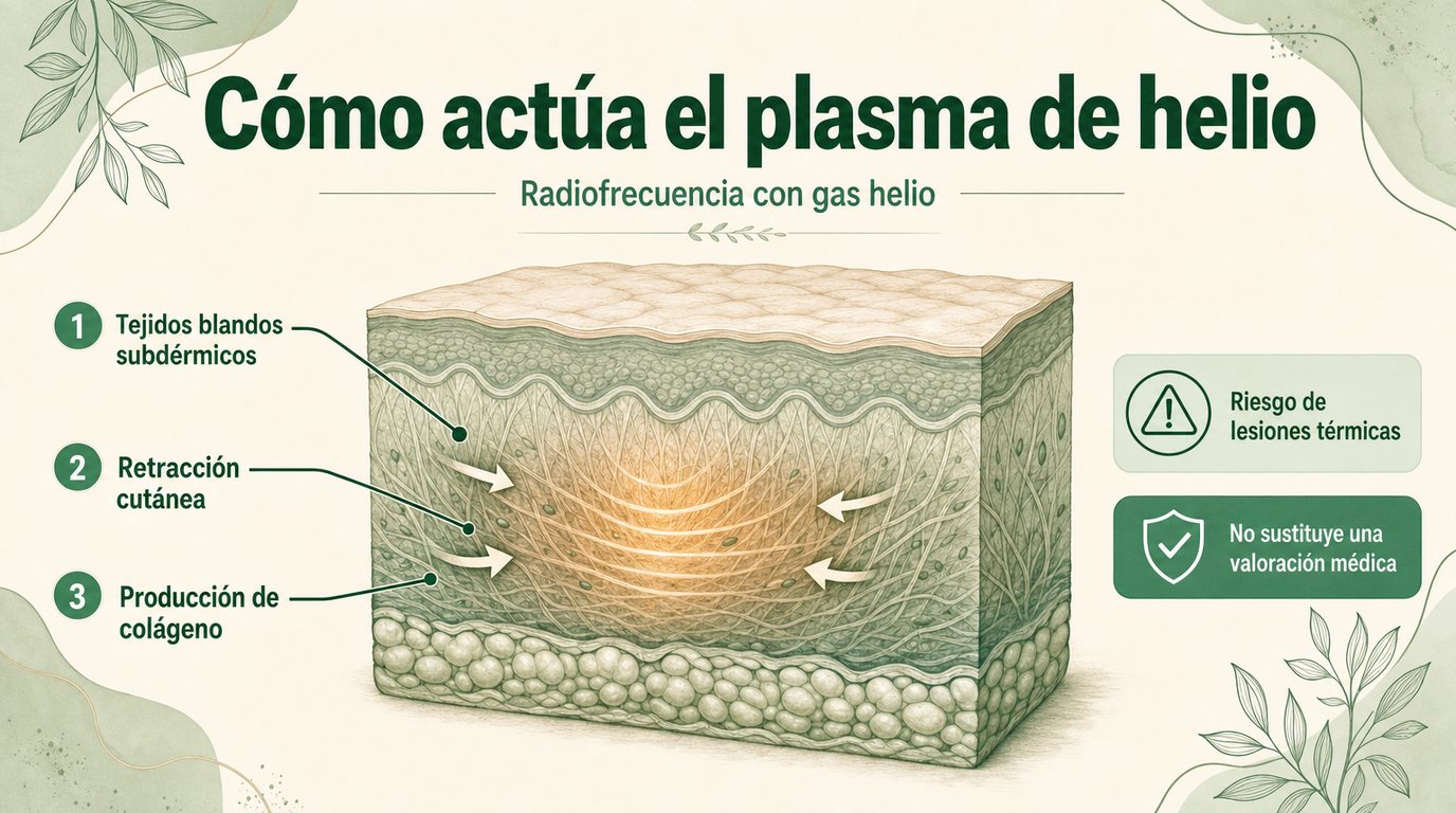 Infografía con corte de piel que muestra radiofrecuencia con gas helio, retracción cutánea, producción de colágeno y riesgo de lesiones térmicas.
