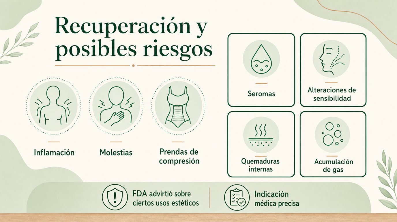 Infografía sobre recuperación con inflamación, molestias, prendas de compresión y riesgos como seromas, alteraciones de sensibilidad, quemaduras internas y acumulación de gas.