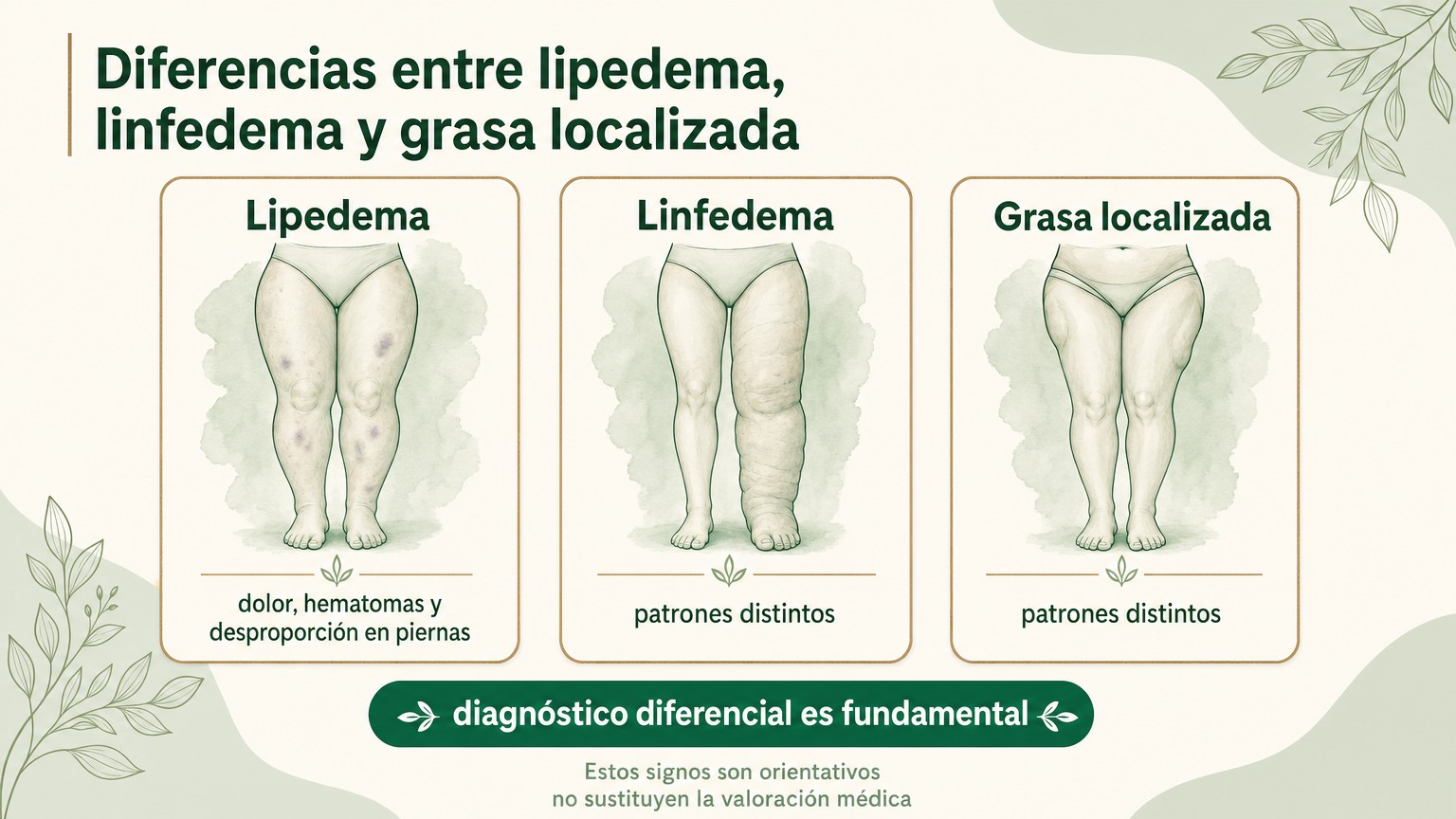 Infografía con tres siluetas de piernas que compara lipedema, linfedema y grasa localizada mediante etiquetas clínicas breves.