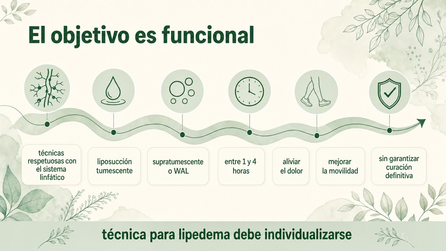 Infografía con una ruta de iconos que resume técnica individualizada, duración orientativa y objetivos funcionales de la intervención.
