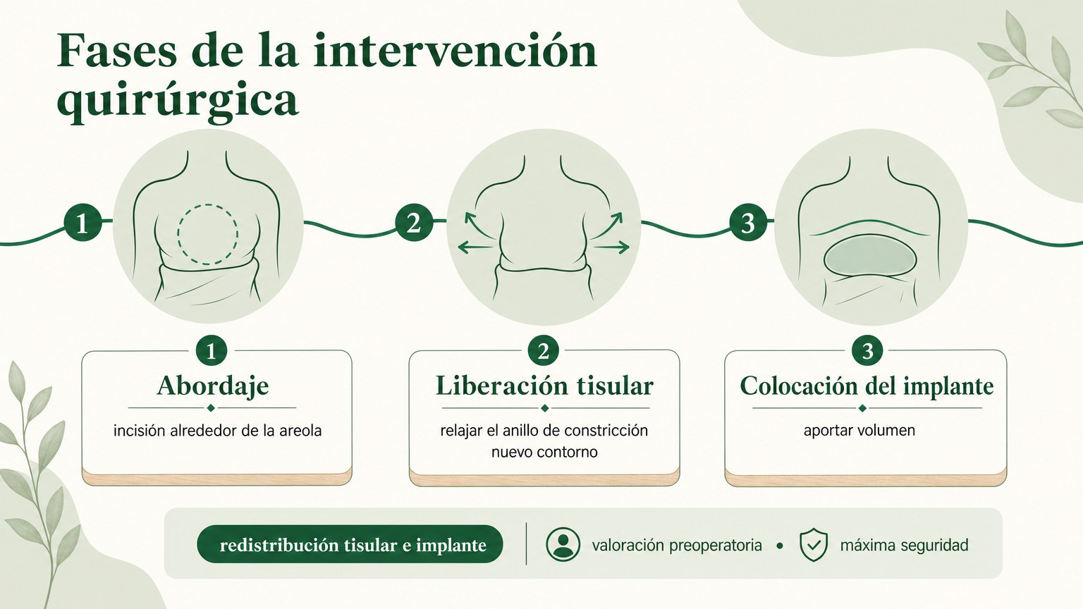 Infografía en tres pasos sobre abordaje, liberación tisular y colocación del implante para remodelar el pecho.