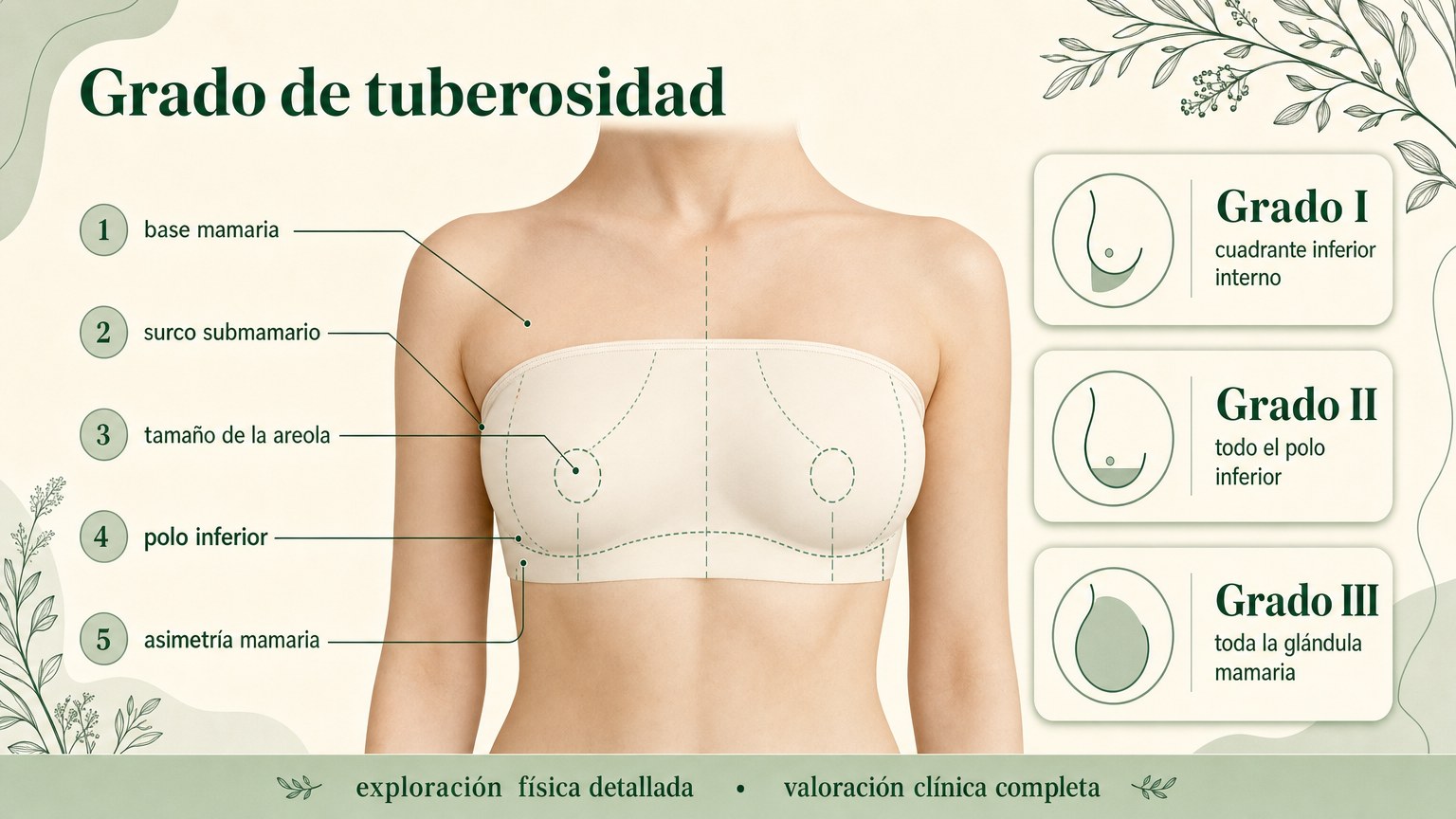 Infografía médica con torso cubierto que señala base mamaria, surco, areola, polo inferior y los tres grados de tuberosidad.